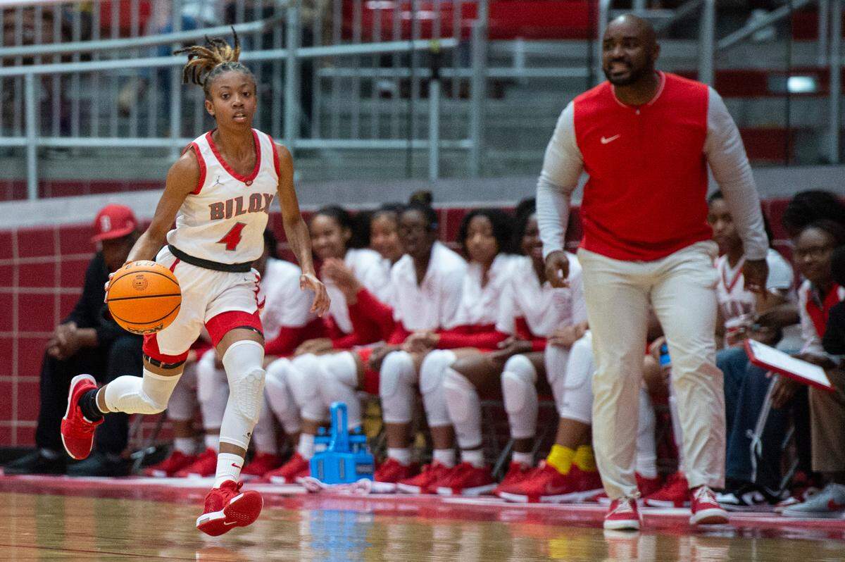 Biloxi’s Aaliyah Davison dribbles the ball down the court during a game against St. Martin at Biloxi High School in Biloxi on Tuesday, Jan. 7, 2025.