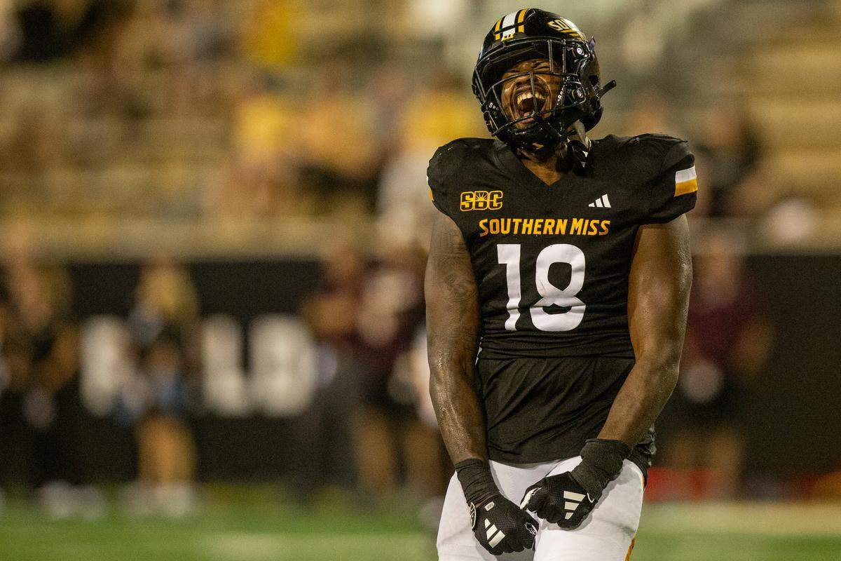 Southern Miss Golden Eagles linebacker Josh Carr Jr. (18) celebrates during a game against Texas State at M.M. Roberts Stadium in Hattiesburg on Saturday, Sept. 30, 2023.