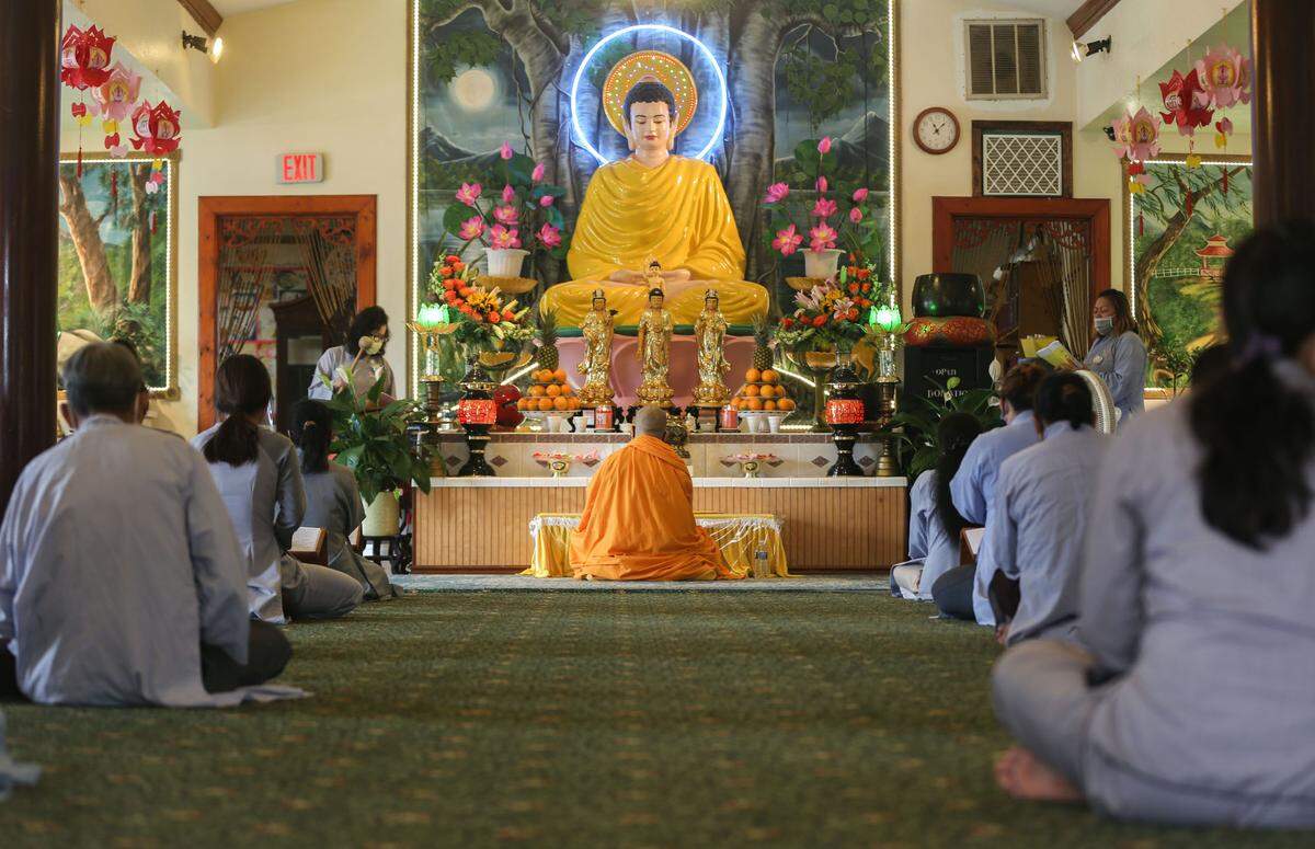 Biloxi Buddhist Temple Chua Van Duc worshipers celebrate Le Vu Lan, a festival honoring parents and ancestors, on Sunday August 30, 2020. This is the largest service the temple has held since the the Vietnamese lunar new year celebration, in January.