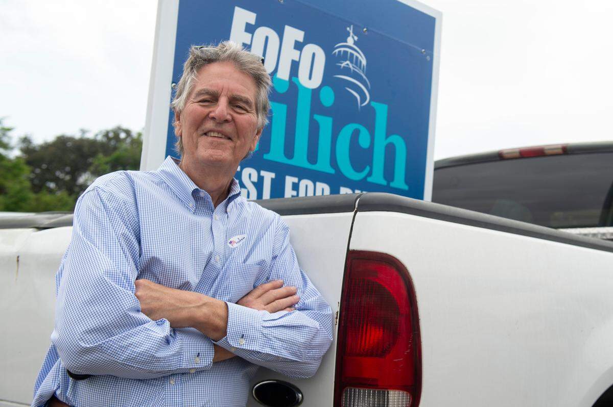 Mayor FoFo Gilich poses for a photo across the street from a polling location at Lopez-Quave Public Safety Complex on Tuesday, April 1, 2025.