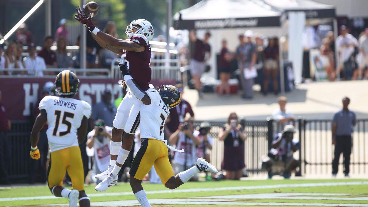 Mississippi State’s Osirus Mitchell grabs a touchdown pass against Southern Miss Sept. 7, 2019.