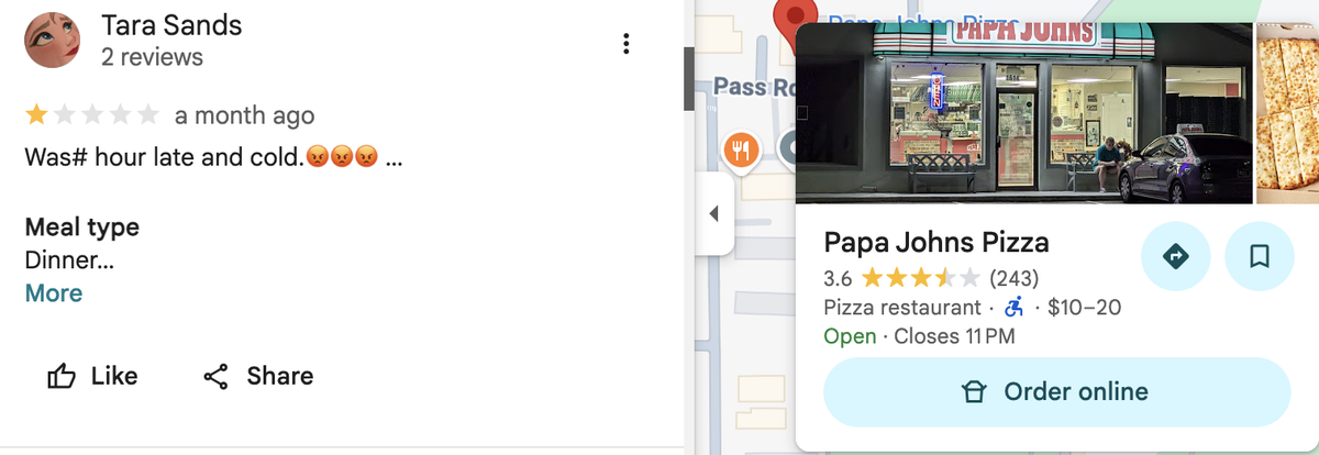 The Papa Johns Pizza at 1614 Pass Rd has a Google rating of 3.6 stars.