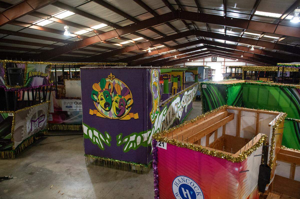 Mardi Gras floats at the Gulf Coast Carnival Association float den in Biloxi on Wednesday, Jan. 10, 2024. The Gulf Coast Carnival Association has 28 floats, with a total of 128 units rolling in the big Fat Tuesday parade.