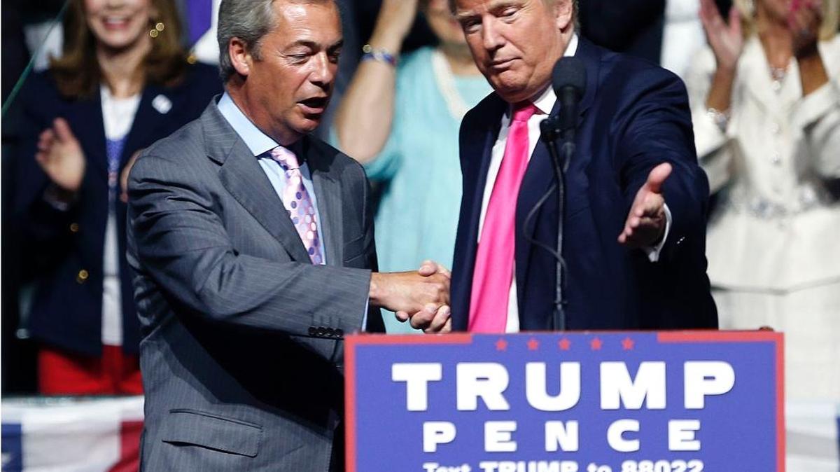 Republican presidential candidate Donald Trump, right, welcomes pro-Brexit British politician Nigel Farage, to speak at a campaign rally Aug. 24 in Jackson. Britain's vote to leave the European Union was a major shock to the global political system. But in a year of political earthquakes, it has just been trumped. Like Brexit, Donald Trump's victory over Hillary Clinton in the U.S. presidential election was driven by voters turning against established order and mainstream politicians.