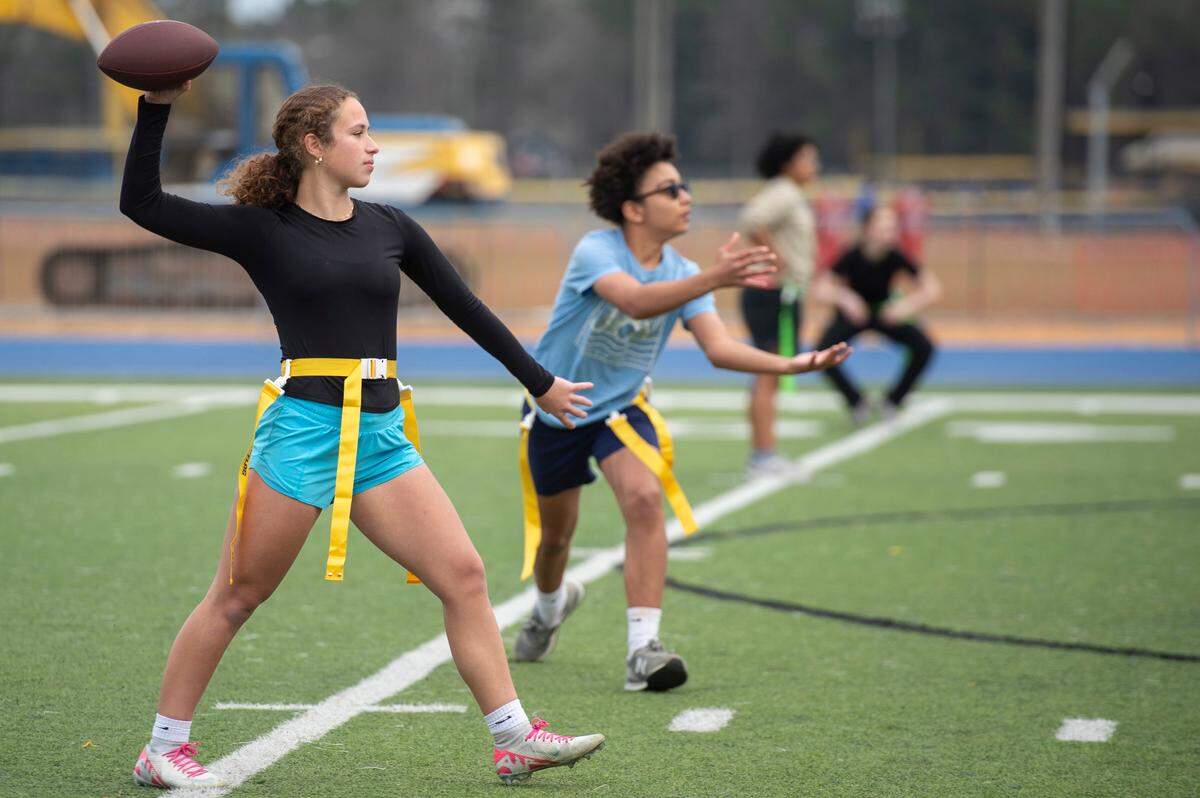 St. Martin High School students try out for the inaugural flag football team at St. Martin High School on Tuesday, Feb. 18, 2025.