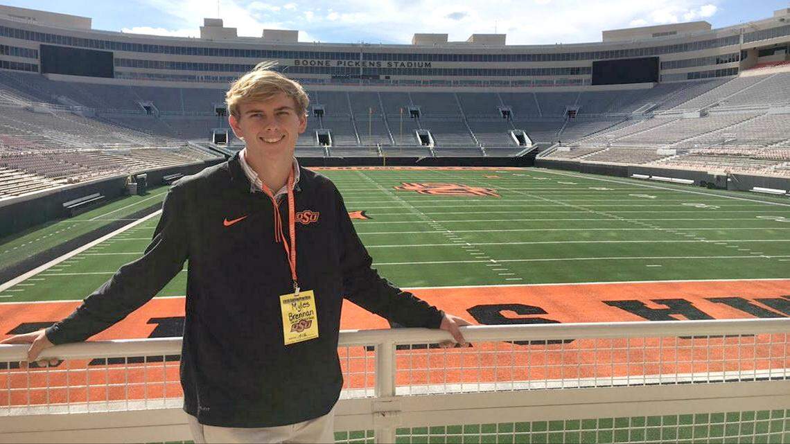 COURTESY BRENNAN FAMILY 
 St. Stanislaus rising senior quarterback Myles Brennan recently visited Oklahoma State. The lead Rockachaw came away impressed with Stillwater, Okla., and hopes an offer will come this spring.
