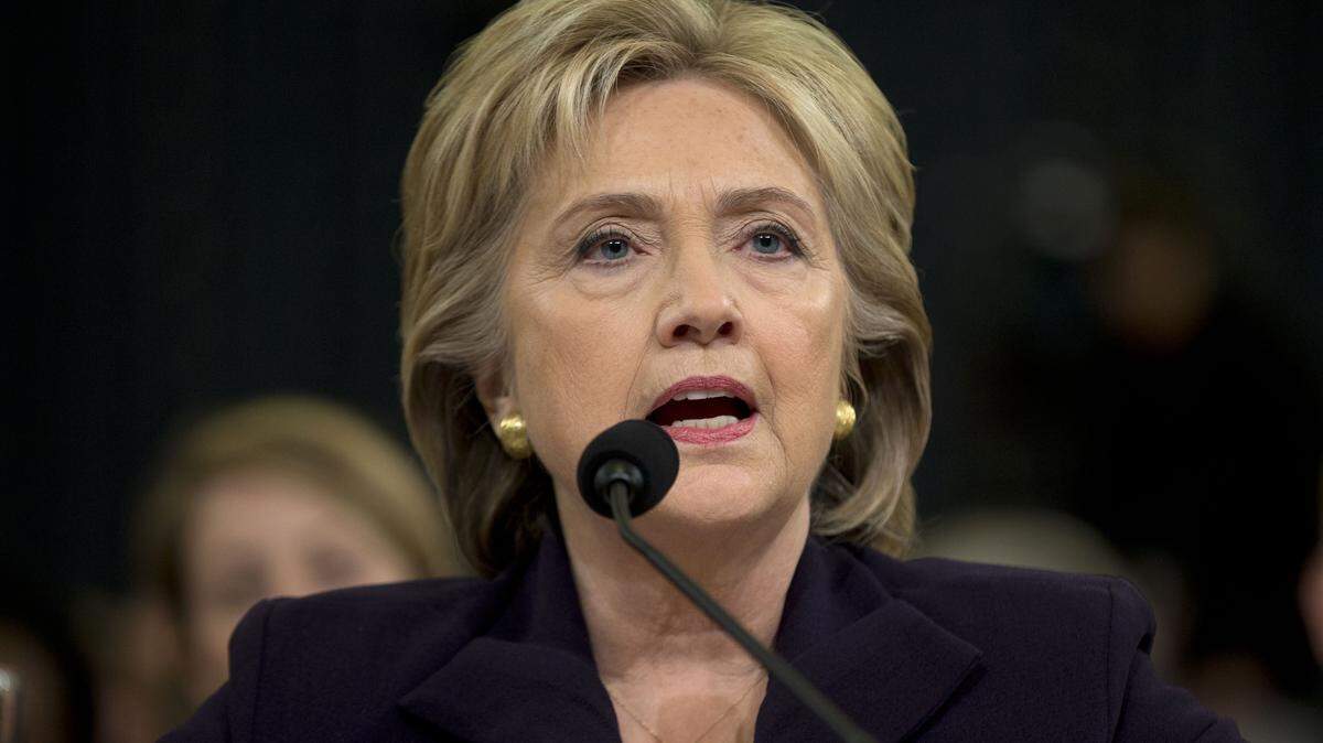Democratic presidential candidate, former Secretary of State Hillary Rodham Clinton testifies on Capitol Hill in Washington, Thursday, Oct. 22, 2015, before the House Benghazi Committee. (AP Photo/Evan Vucci)