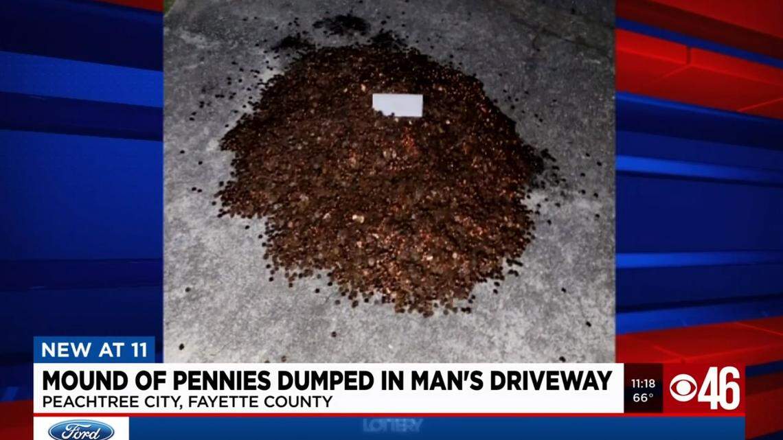 A Georgia man waiting on a final paycheck from his old job says his money arrived in the form of 90,000 greasy pennies dumped in his driveway.