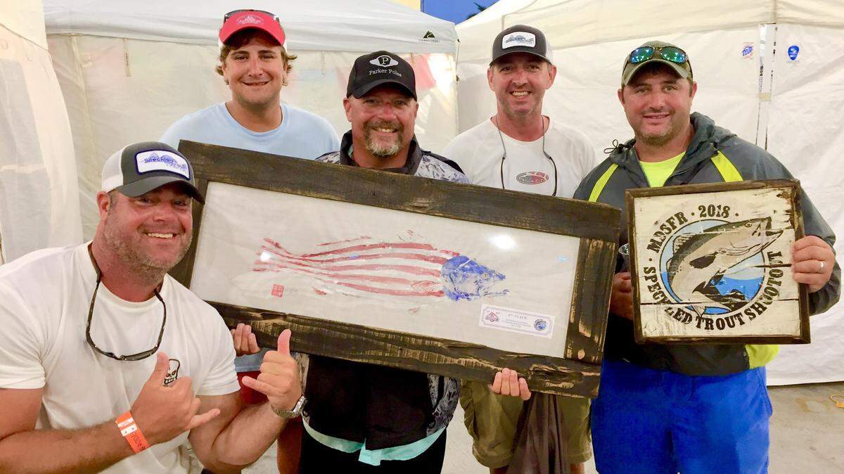 Speckled Trout Shootout Winning team Foreplay, from left to right: Troy Helwig, Jeremy McHugh, tournament director, Erik Nelson, Bobby Seymour, and Joe Culpepper.
