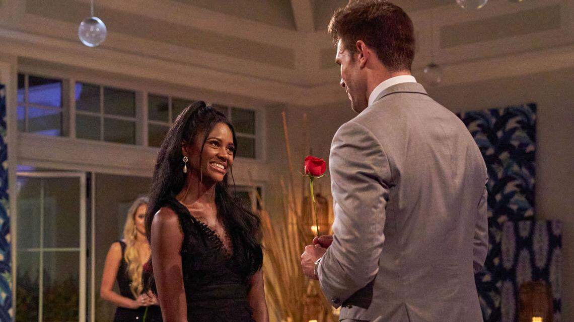 Zach offers Charity Lawson of Columbus, Georgia a rose on Season 27 of “The Bachelor” on ABC.