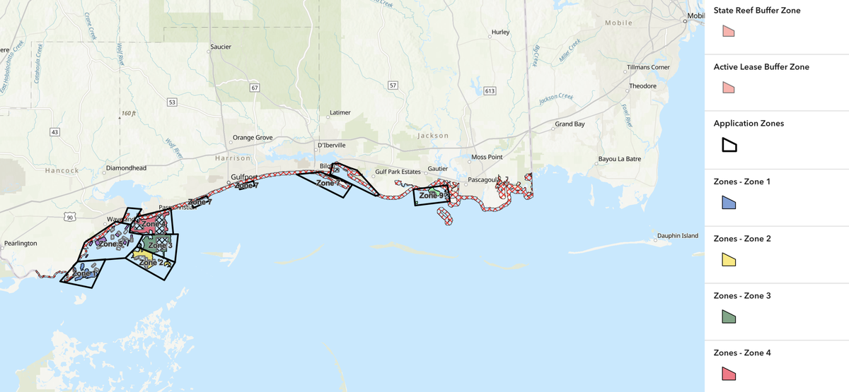 The above map shows zones where the state intends to make its public oyster reefs available for private lease, limiting the areas where fishermen without leases could catch oysters.