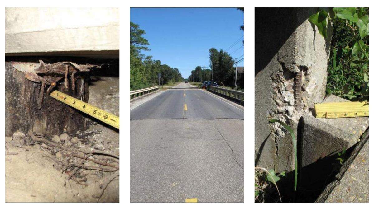 Photos from an October 2024 routine inspection of Woolmarket Road Bridge over Parker Creek show the bridge being in serious condition overall.