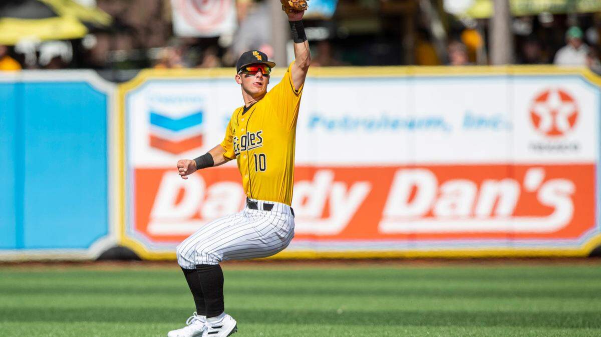 Southern Miss’s Dustin Dickerson catches a ball during the Super Regionals Final at Pete Taylor Park in Hattiesburg on Sunday, June 12, 2022.