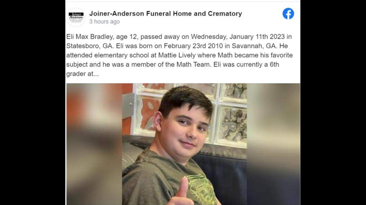 Eli Bradley, 12, thought he missed the school bus and was chasing after it when he was struck by a car Jan. 11 in Statesboro, Georgia, the coroner’s office said.