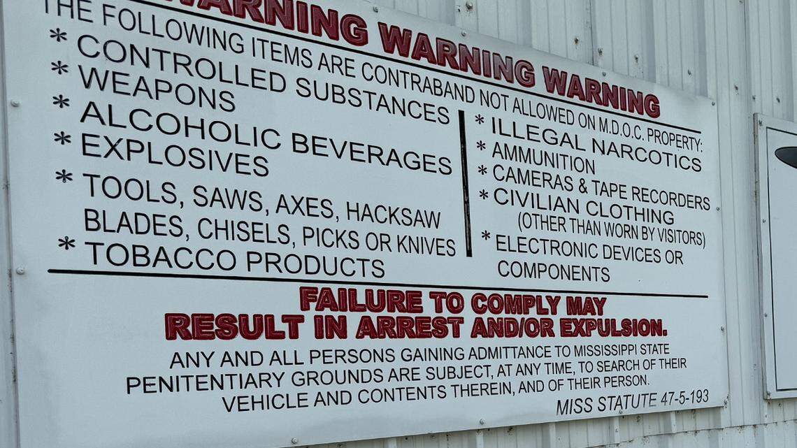 A sign alerts visitors to the rules at the Mississippi State Penitentiary at Parchman.