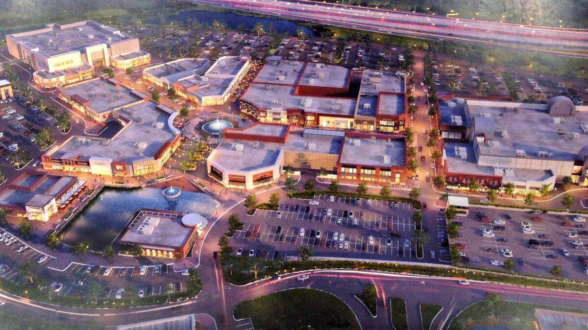 An artist’s rendering of the proposed Gulf Coast Galleria in 2016 shows a mix of shops, restaurants and water features. The original plan has been altered and scaled back several times.