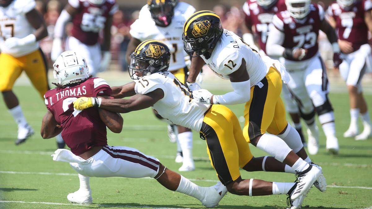 Southern Miss’ Shannon Showers tackles Mississippi State wide receiver Deddrick Thomas Sept. 7, 2019.