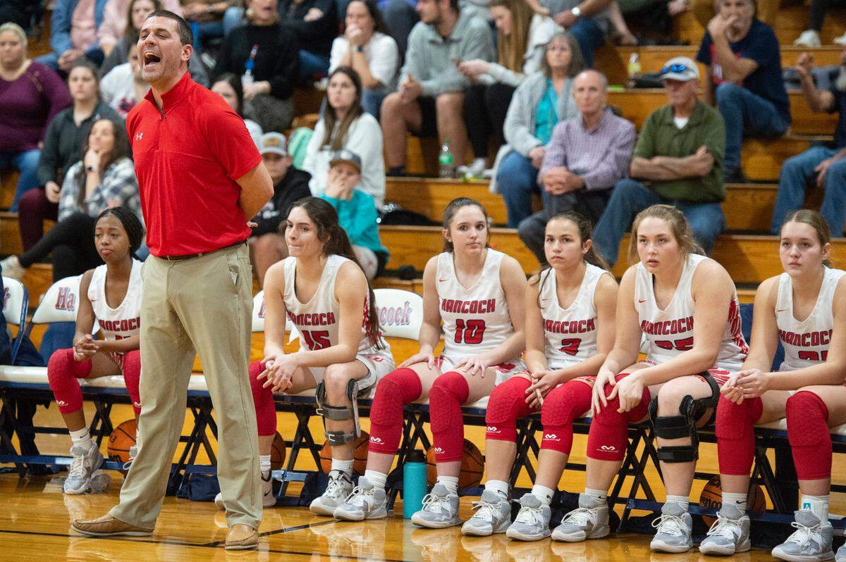 Hancock Head Coach Jamie Sisco yells to his players from the sidelines during a game against Gulfport at Hancock High School in Kiln on Tuesday, Jan. 10, 2023.