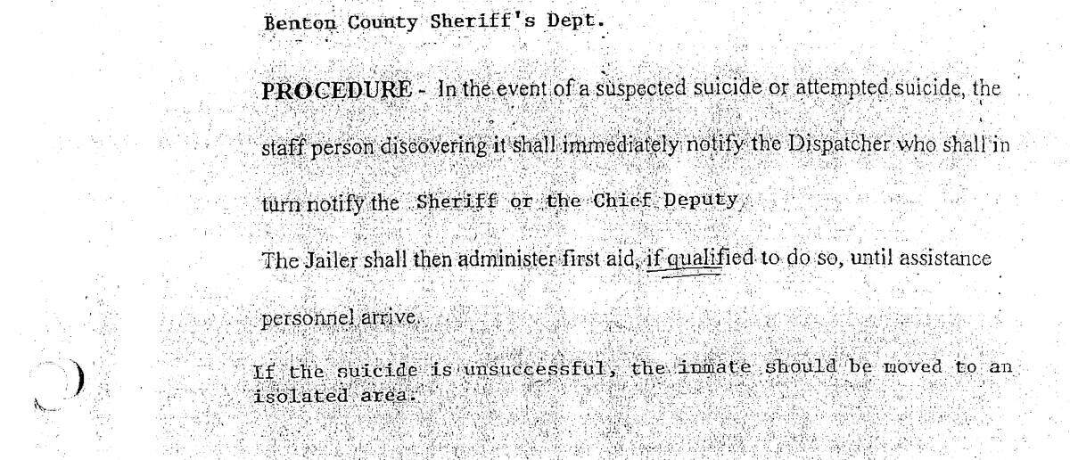 An excerpt of the Benton County Sheriff’s Department’s suicide prevention policy at the time of Sons’ death
