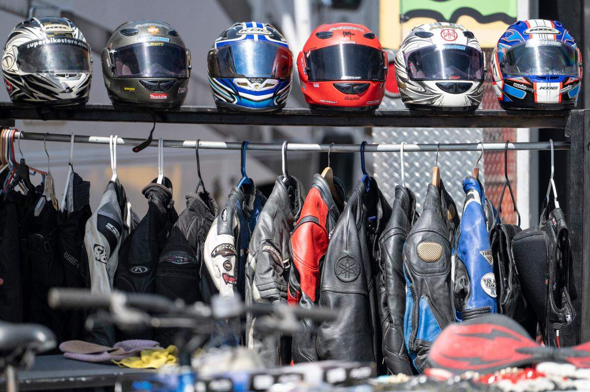 Motorcycle helmets and jackets for sale at Bikin’ The Beach in Biloxi on Friday, June 6, 2025.