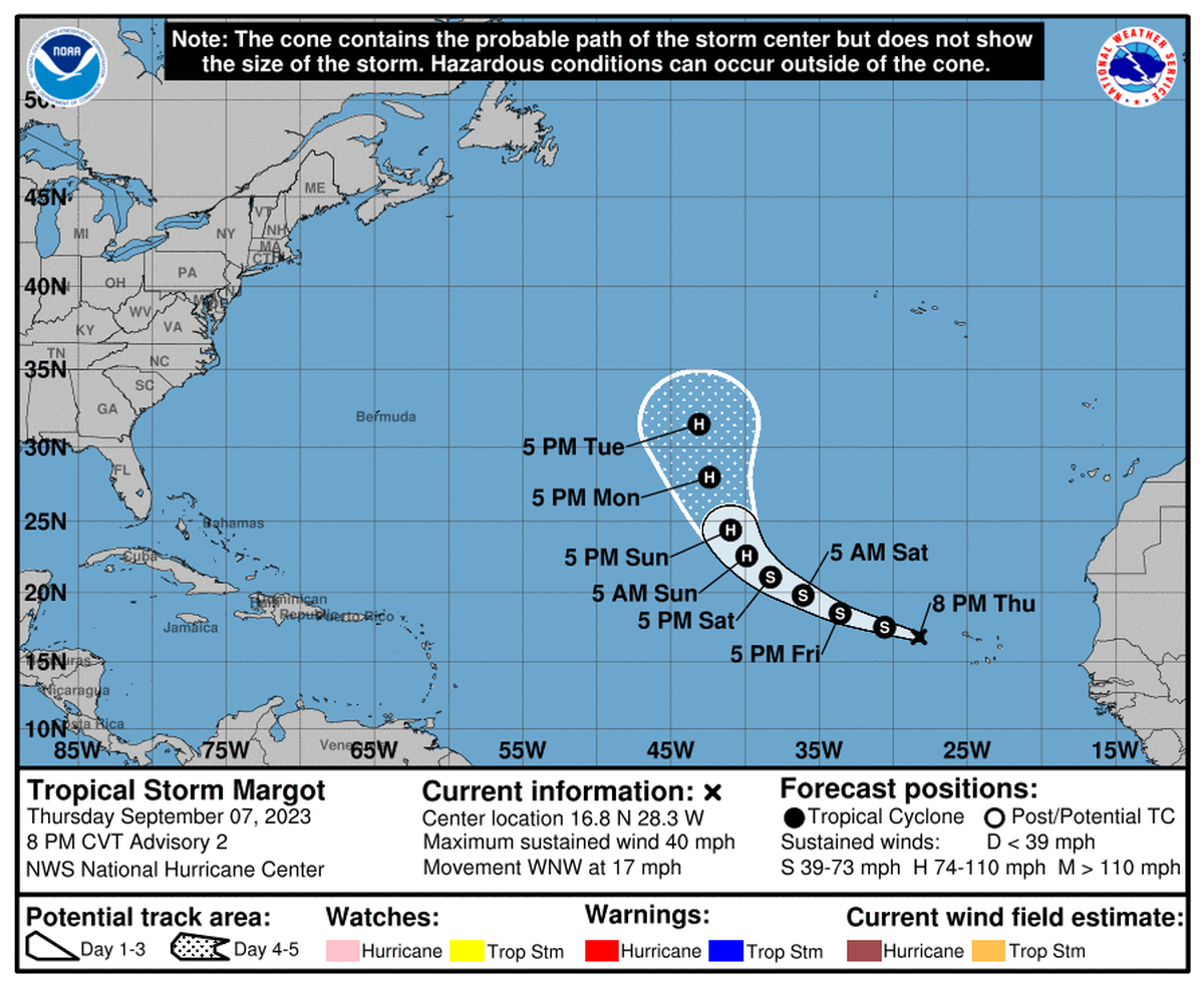 Tropical Storm Margot formed in the Atlantic on Thursday and the National Hurricane Center predicted the storm would move northwest over the next few days.