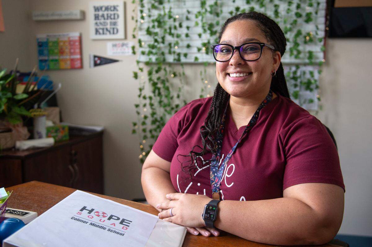 TaLaceia Lamb, a counselor at Colmer Middle School in Pascagoula, poses for a portrait in her office on Friday, Aug. 9, 2024. Lamb is one of the Jackson County school district employees trained to start Hope Squad, a teen suicide prevention initiative starting this year.