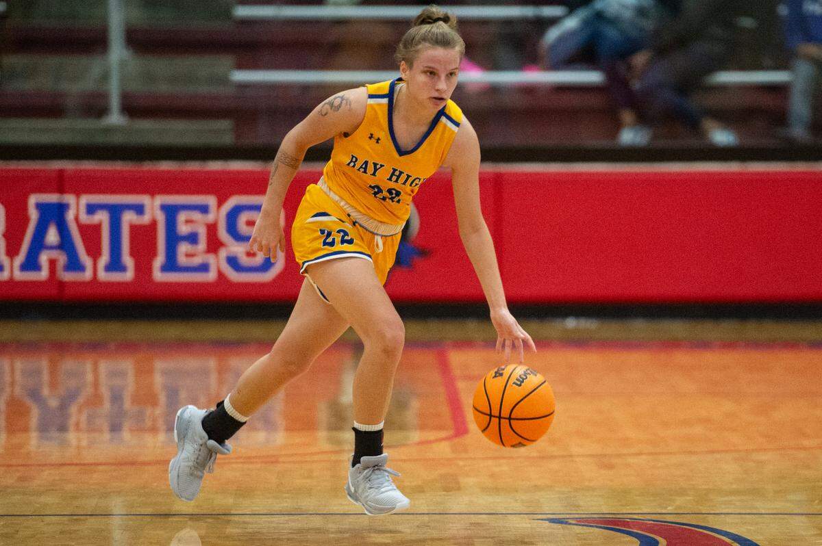 Bay High’s Kayla Fricke dribbles the ball down the court during a game against Pass Christian in Pass Christian on Tuesday, Jan. 23, 2024.