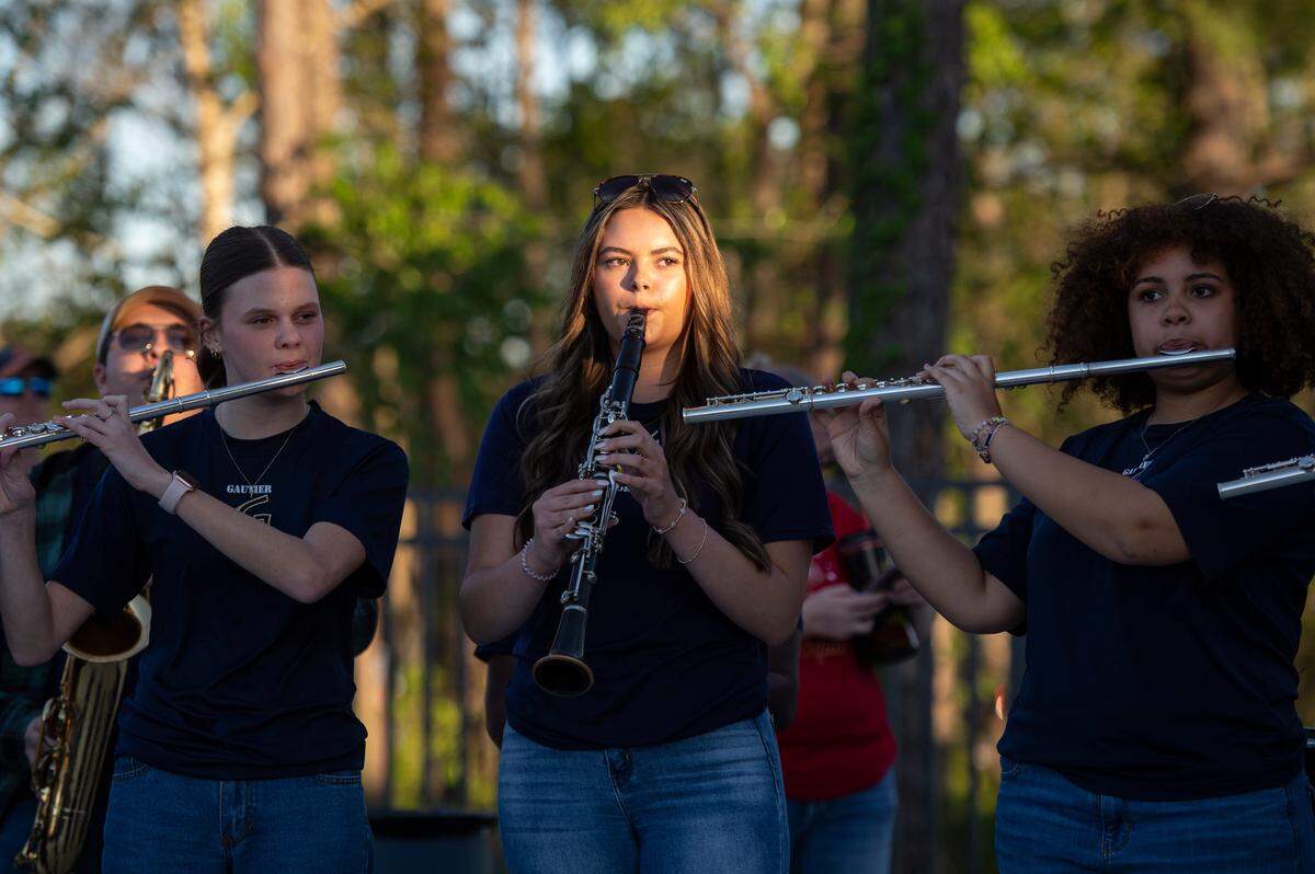 The Gautier High School band performs during a ribbon cutting ceremony at The Sound Amphitheater in Gautier prior to KC and The Sunshine Band’s performance on Friday, April 12, 2024.