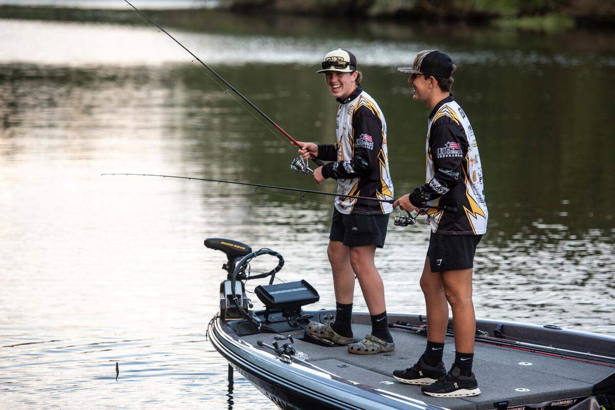 D’Iberville Bass Fishing Team members Cooper Rouse and Ryker Reed, right, fish on the Tchoutacabouffa River in D’Iberville on Monday, June 3, 2024. Reed and Rouse took home their second consecutive bass fishing state championship title in May.