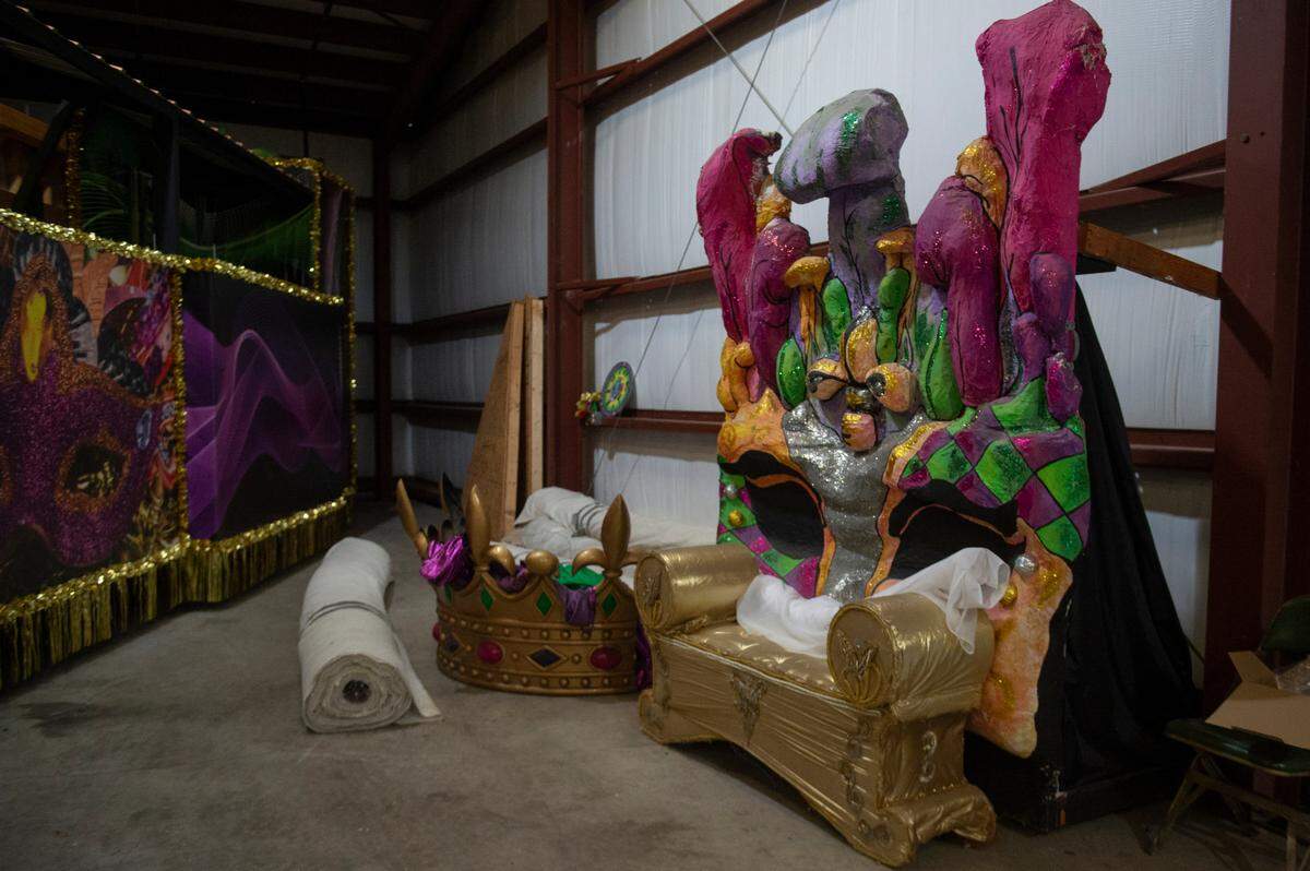 Mardi Gras decorations at the Gulf Coast Carnival Association float den in Biloxi on Wednesday, Jan. 10, 2024.