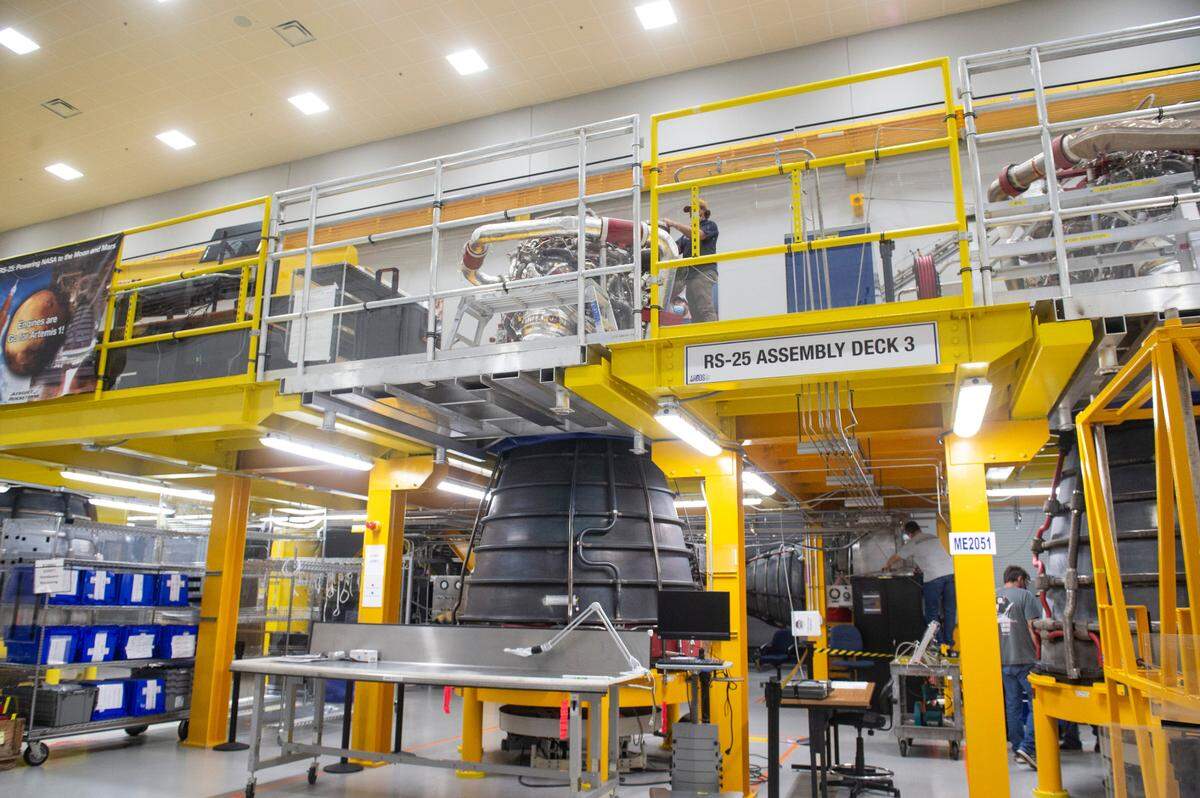 Workers work to assemble the RS-25 engines at Aerojet Rocketdyne at Stennis Space Center in Hancock County on Monday, Aug. 8, 2022.