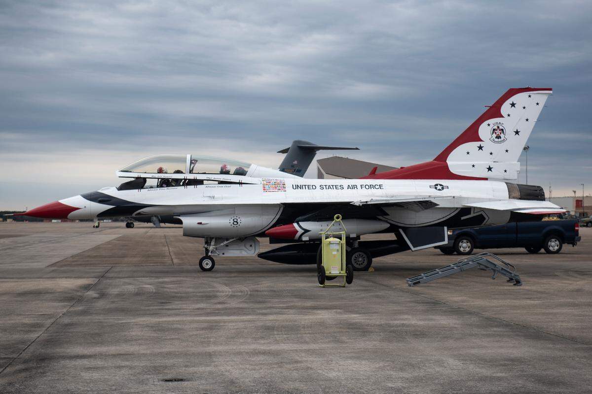 Maj. Jeff Downie and SSgt. Austin Guerra prepare for takeoff in a Thunderbird F-16 aircraft at the Combat Readiness Training Center at Gulfport International Airport on Friday, Feb. 10, 2023. The Thunderbirds will return to the Mississippi Coast April 28 to April 30, 2023.