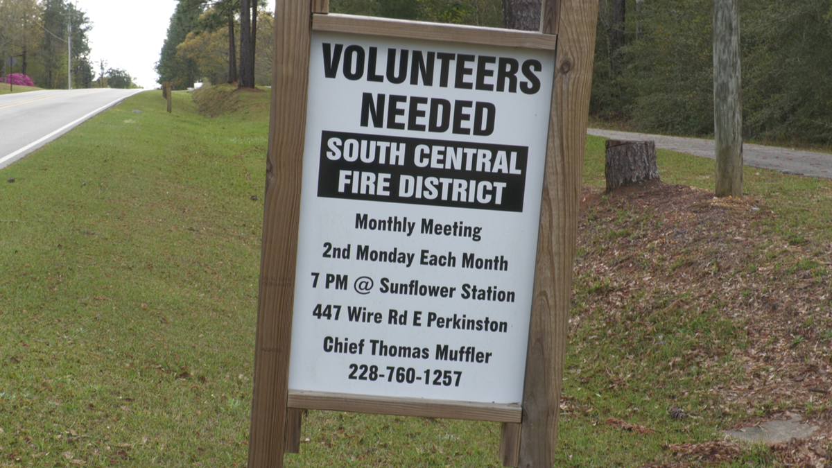 A roadside sign in Perkinston calls for new members to join the South Central Fire District. The department, like many others across rural Mississippi, depends on volunteers to keep emergency services running.