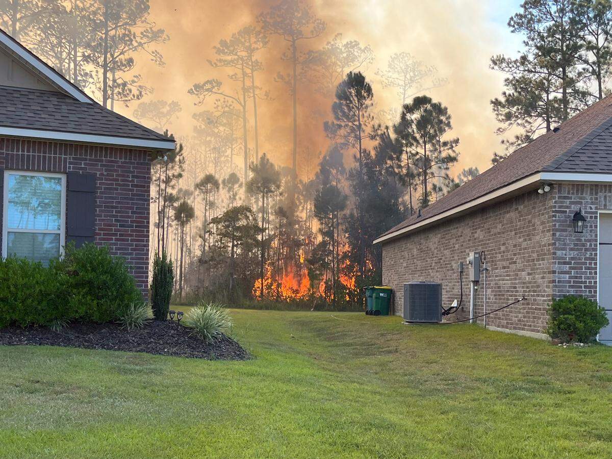 A woods fire burns at the edge of the Talla Pointe subdivision in St. Martin on Thursday, Aug. 8, 2024.