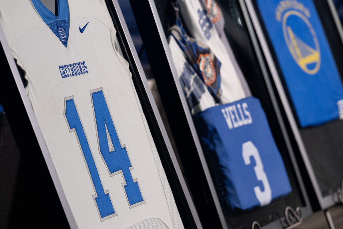 Frames with Nolan Wells’ football jerseys are seen during the funeral service at Center Pointe Church in Ocean Springs on Monday, July 20, 2026.