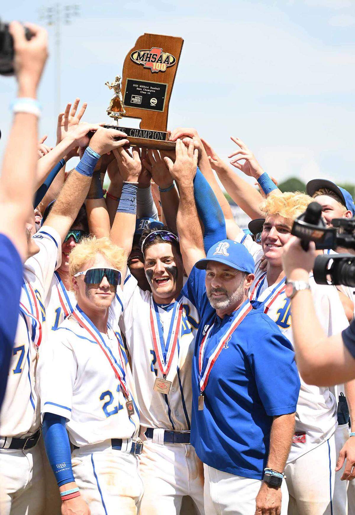 The Resurrection Catholic Eagles celebrate winning the MHSAA Class 1A Baseball State Championship over West Union on Thursday, June 1, 2023, at Trustmark Park in Pearl, Miss.