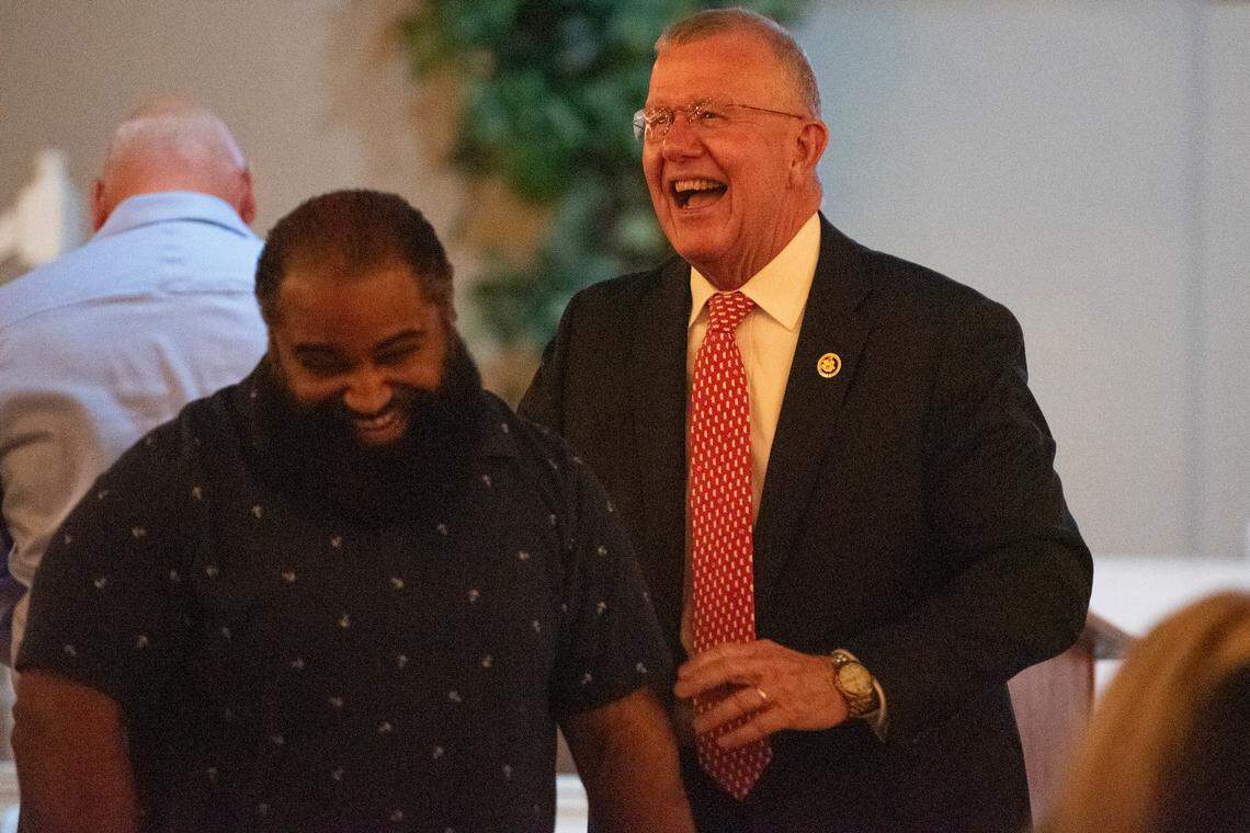 U.S. Rep. Mike Ezell reacts after winning reelection during an election watch party at Grand Magnolia in Pascagoula on Tuesday, Nov. 5, 2024.