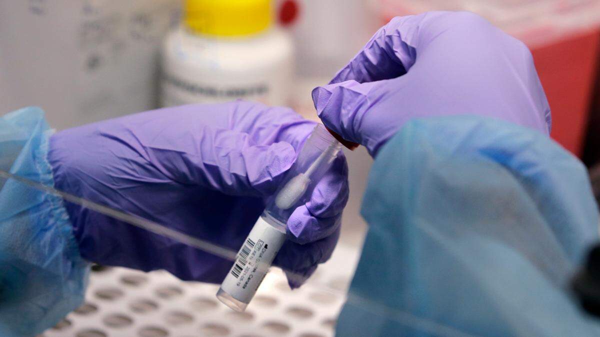In this Thursday, July 23, 2020 file photo, a biomedical engineering graduate student handles a swab and specimen vial in a new COVID-19 on-campus testing lab in Boston.