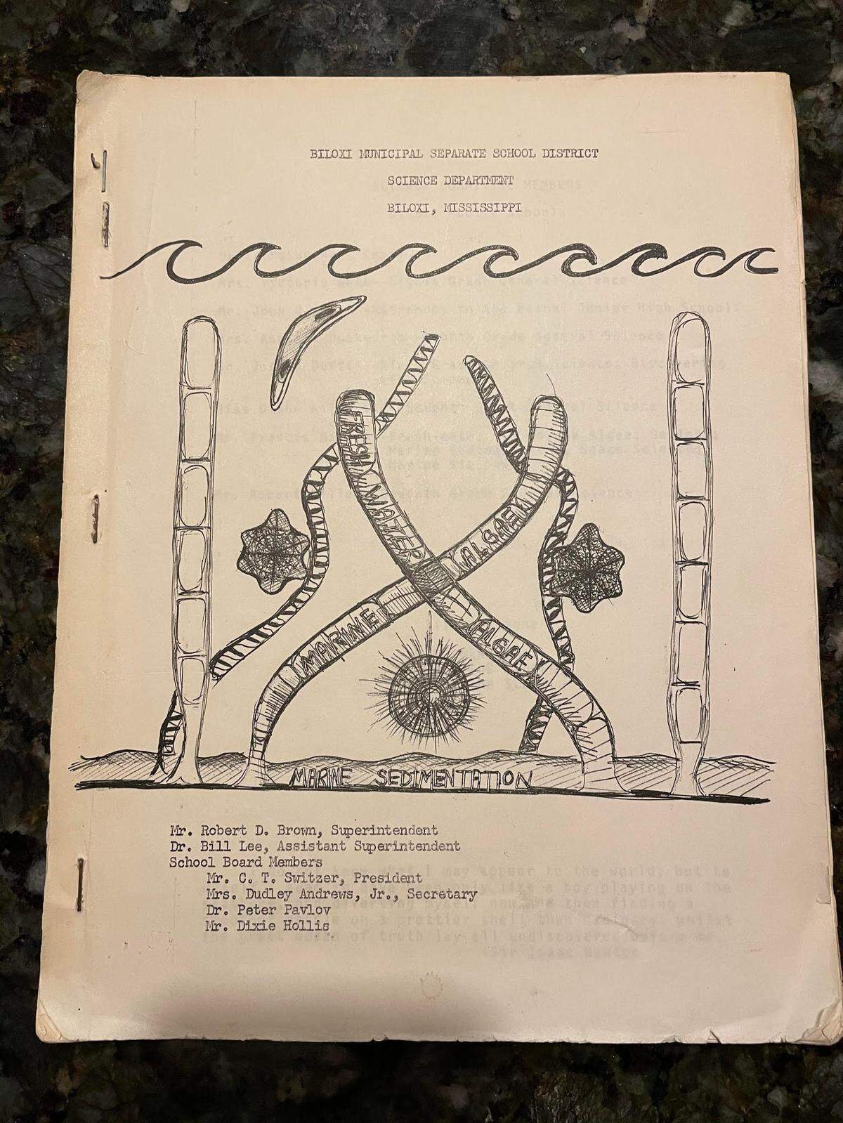The cover of one of the textbooks Della McCaughan created for her marine biology classes at Biloxi High School. A student named Rena Durr created the illustrations for the book in the late 1960s. McCaughan taught at Biloxi schools from 1951 to 1995. She passed away on Feb. 4, 2021 at the age of 92.