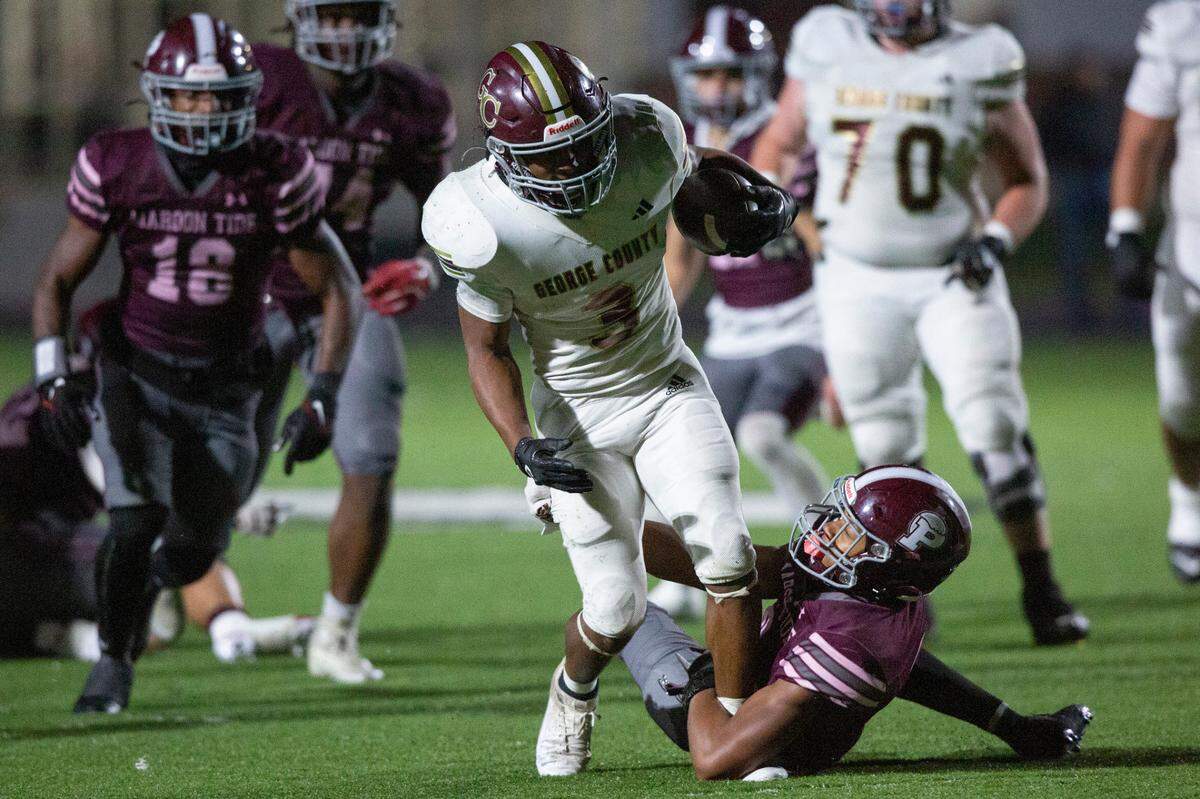 George County’s Branden Gautier gets tackled by Picayune’s BJ Ducre during a playoff game between Picayune and George County at Lee-Triplett Stadium in Picayune on Friday, Nov. 22, 2024.