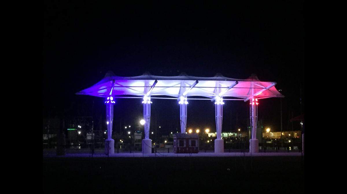 Jones Park is lit up with the colors of the French flag in a sign of solidarity following the attacks in Paris.