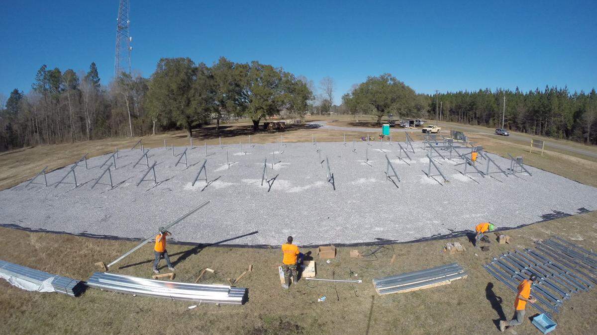 SINGING RIVER ELECTRICThe small-scale, half-acre solar power plant in Lucedale near the offices of Singing River Electric, pictured under construction, is now fully operational and supplying power to the Coast.