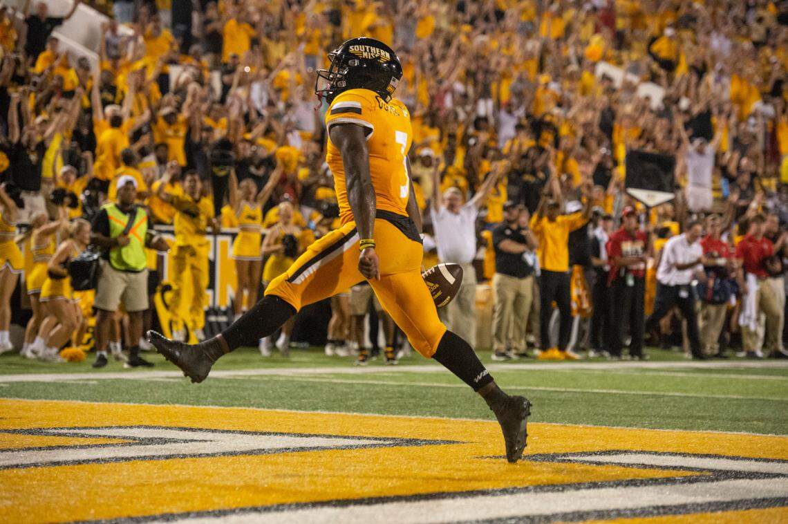 Southern Mississippi running back Frank Gore Jr. (3) runs the ball into the endzone for a touchdown during the second half of an NCAA college football game against Liberty in Hattiesburg, Miss., Saturday, Sept. 3, 2022. Liberty won 29-27. (Hannah Ruhoff/The Sun Herald via AP)