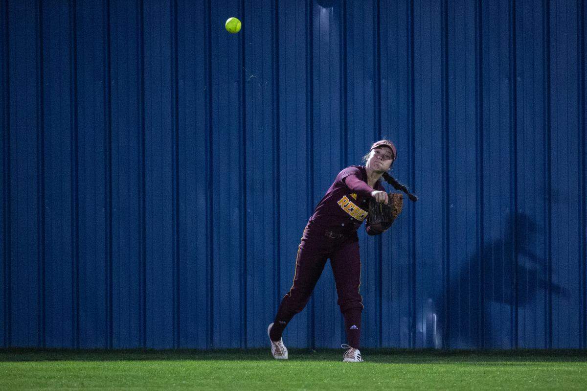 George County’s Irina Sanford throws a ball in from the outfield during a game at St. Martin on Monday, March 20, 2023.