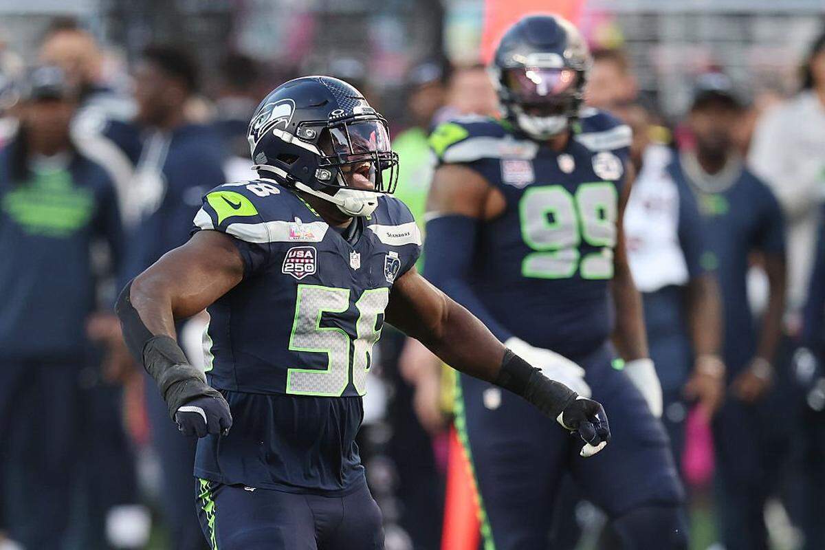 Derick Hall #58 of the Seattle Seahawks reacts after a sack during the first quarter of Super Bowl LX at Levi's Stadium on February 08, 2026 in Santa Clara, California. 