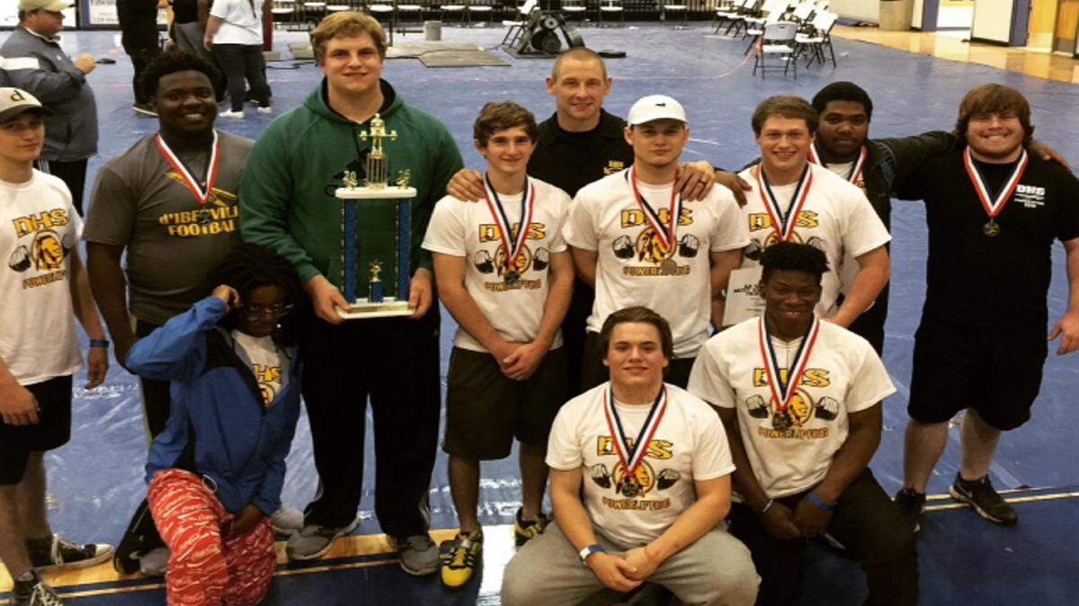 SUBMITTED 
 D'Iberville's boys powerlifters won the Class 6A South State title, hosted at Gulfport High School on Saturday. Members of the team include Austin Fountain, Jake Waits, Denzel Jones, Chad Bosarge, Khalil McCray, Garrett Stratton, Cade Ross, Micah Booker, Jacob Quave, Wyatt Delancey, Mike McCoy and Clay Wanner. The team is coached by Joshua Ladner.