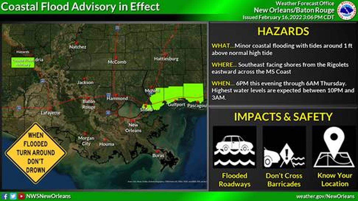 A coastal flood advisory begins at 6 p.m. on Wednesday, Feb. 16.