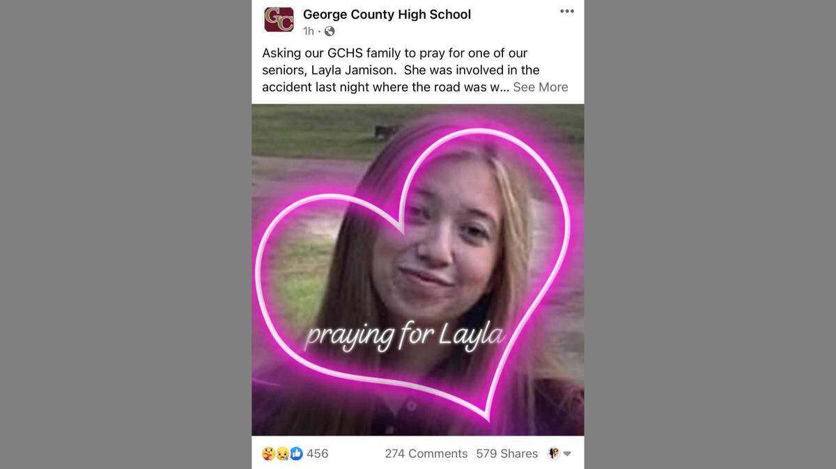 George County High School posted this photo of senior Layla Jamison on Facebook on Tuesday, Aug. 31, 2021, and asked for prayers. Jamison was critically injured after the collapse of a portion of Mississippi Highway 26.