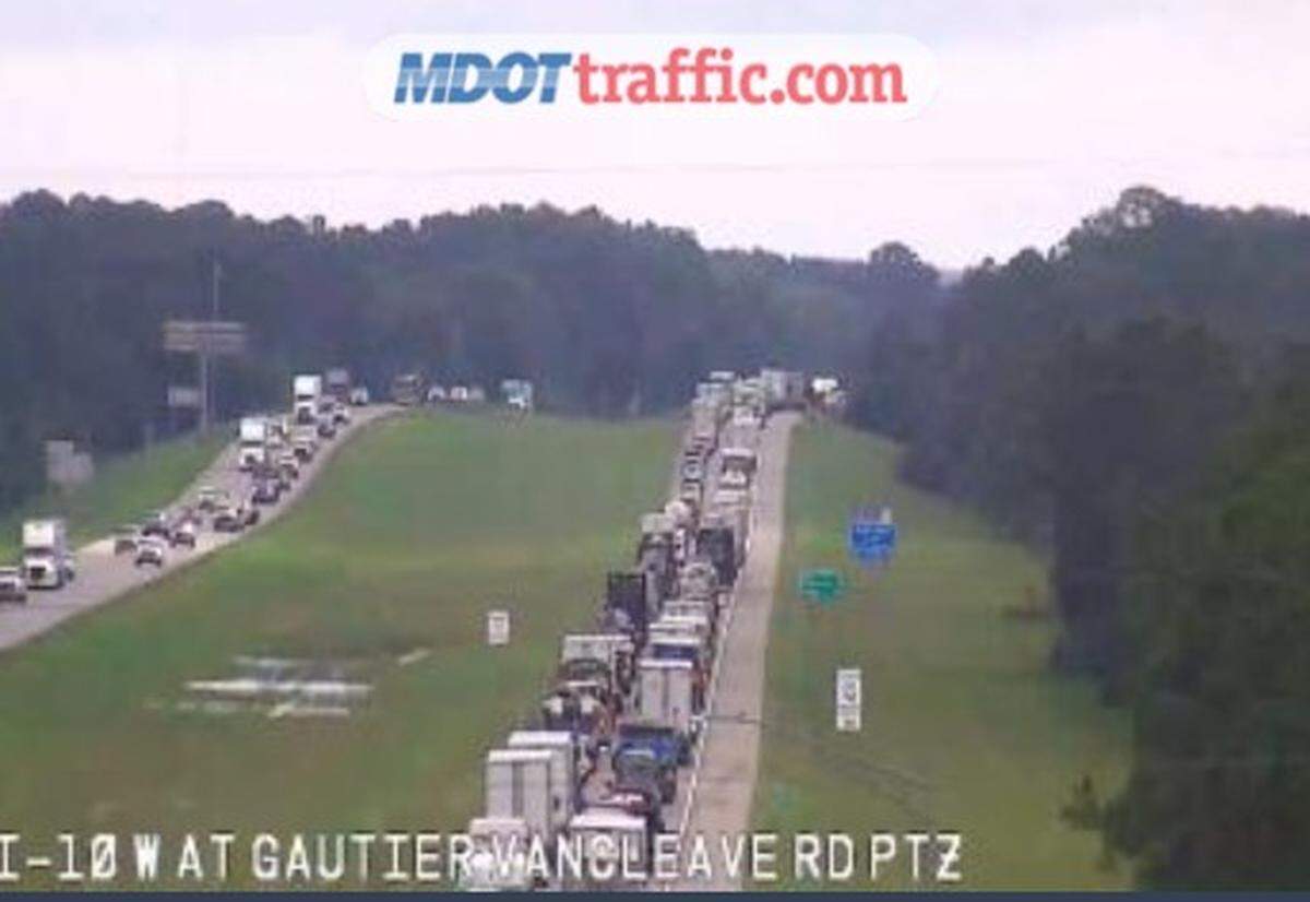An MDOT traffic camera shows a significant backup Tuesday after a crash on I-10 in Jackson County.