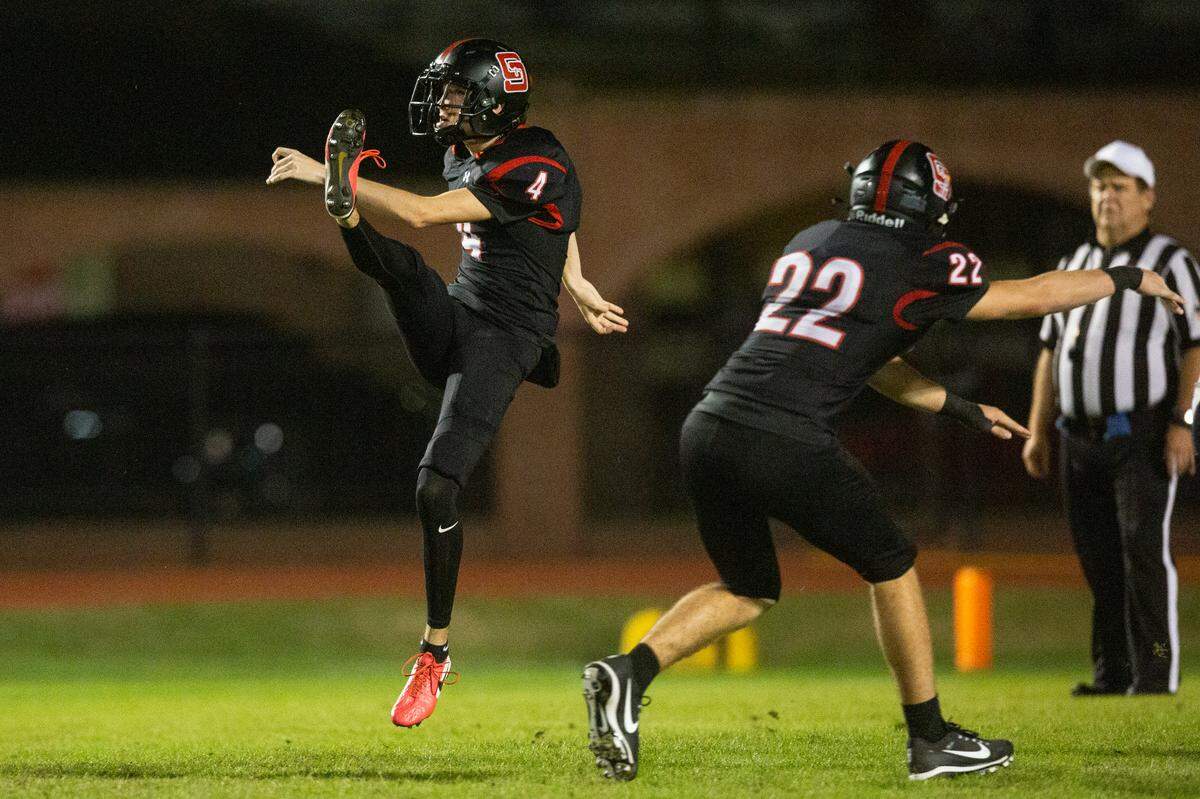 St. Stanislaus’ kicker Evan Noel kicks a punt during a playoff game against Port Gibson at St. Stanislaus in Bay St. Louis on Friday, Nov. 4, 2022.